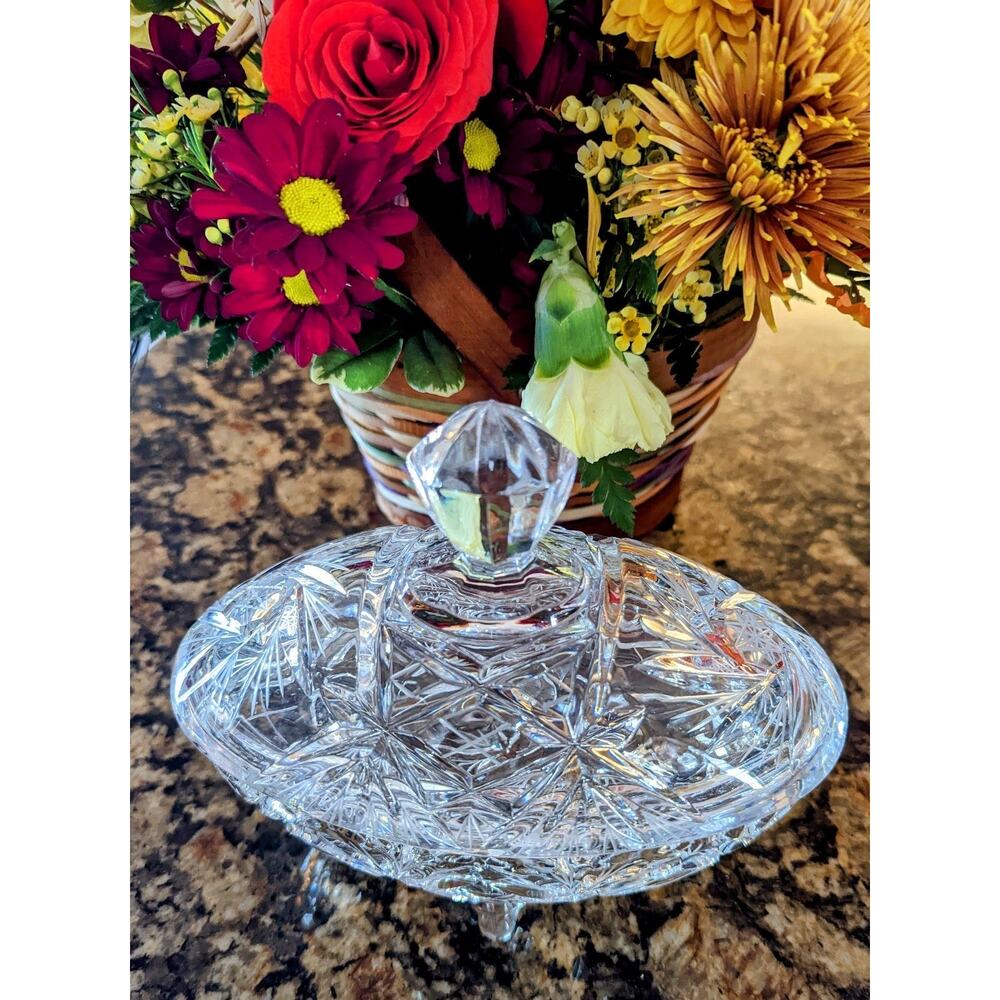 Lead Crystal Candy Trinket Dish with Lid Starburst Pattern Footed Bowl